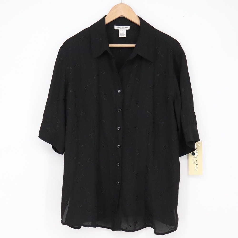 Michele Michelle Top Woman 1X Black Floral Eyelet Button-Down NEW
